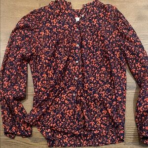 LOFT Navy and Orange Leaf Print Blouse